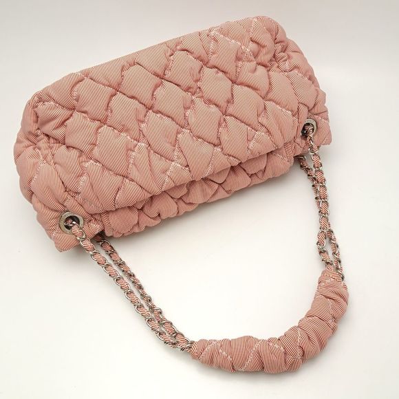 Chanel Bubble Quilt Chain Tote Bag Nylon Canvas Stripe Red - Picture 5 of 7